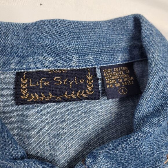 VINTAGE 90s shirt monkey palm tree embellished blue denim top L - Picture 7 of 10